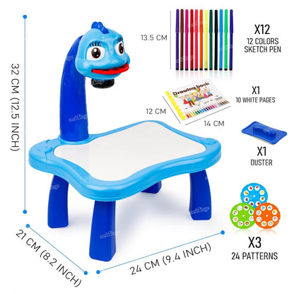 Kids Drawing Projector Painting Desk with 12 Color Pens, 3 Slide Patterns & Table Lamp – Creative Educational Toy