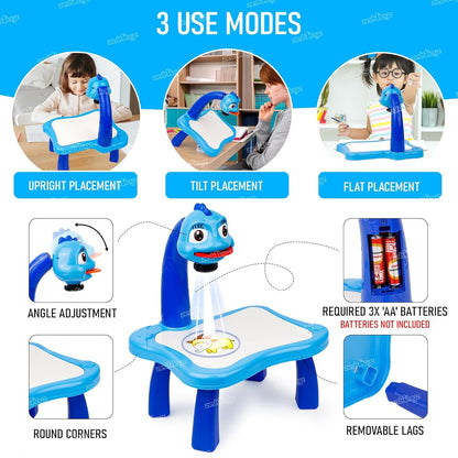 Kids Drawing Projector Painting Desk with 12 Color Pens, 3 Slide Patterns & Table Lamp – Creative Educational Toy