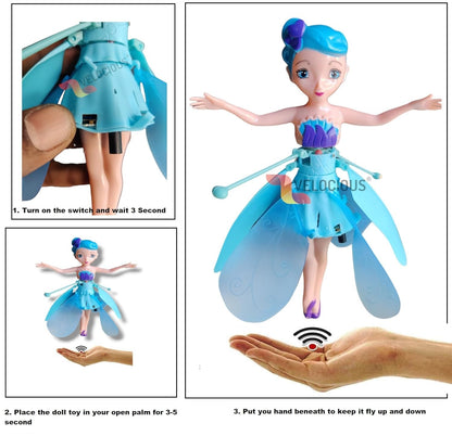 URM Enterprises Magical Flying Fairy Doll – Hand Sensor Control, USB Powered Rainbow Glitter Flying Princess Toy